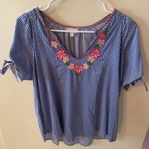 Hem & Thread Blue/White Stripe Floral Embroidered